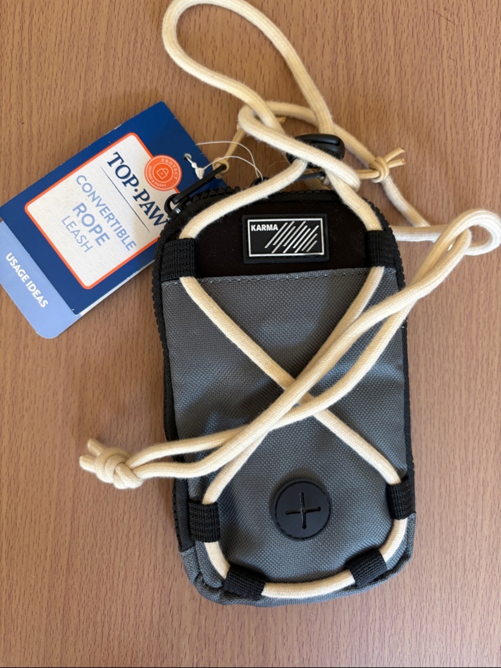 Karma Gray Wallet Phone Holster with Cream Rope Strap Dog Walking